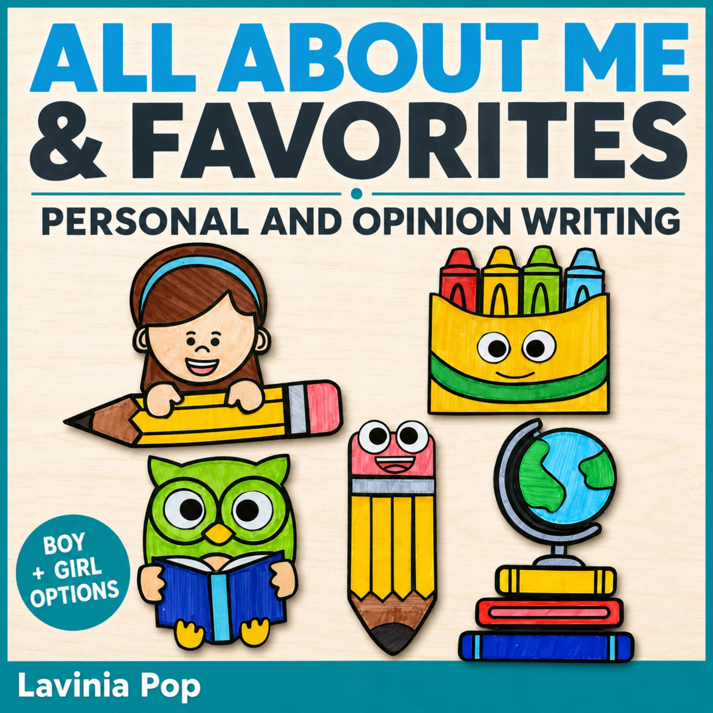 Personal and opinion writing crafts with All About Me, crayon box, owl, pencil, and favorite subject projects.