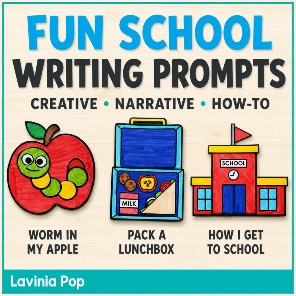 Exploring creative, narrative, and how-to writing prompts with worm in an apple, lunchbox, and school crafts.
