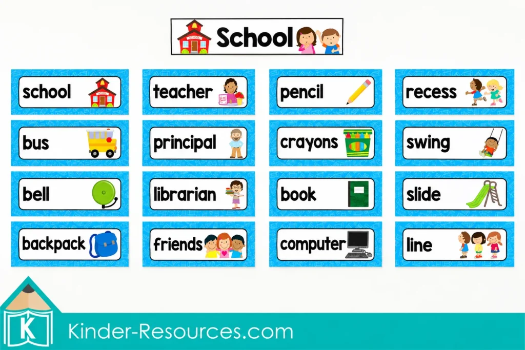 Free School Word Wall display with a School header and blue picture cards for school people, supplies, and activities.