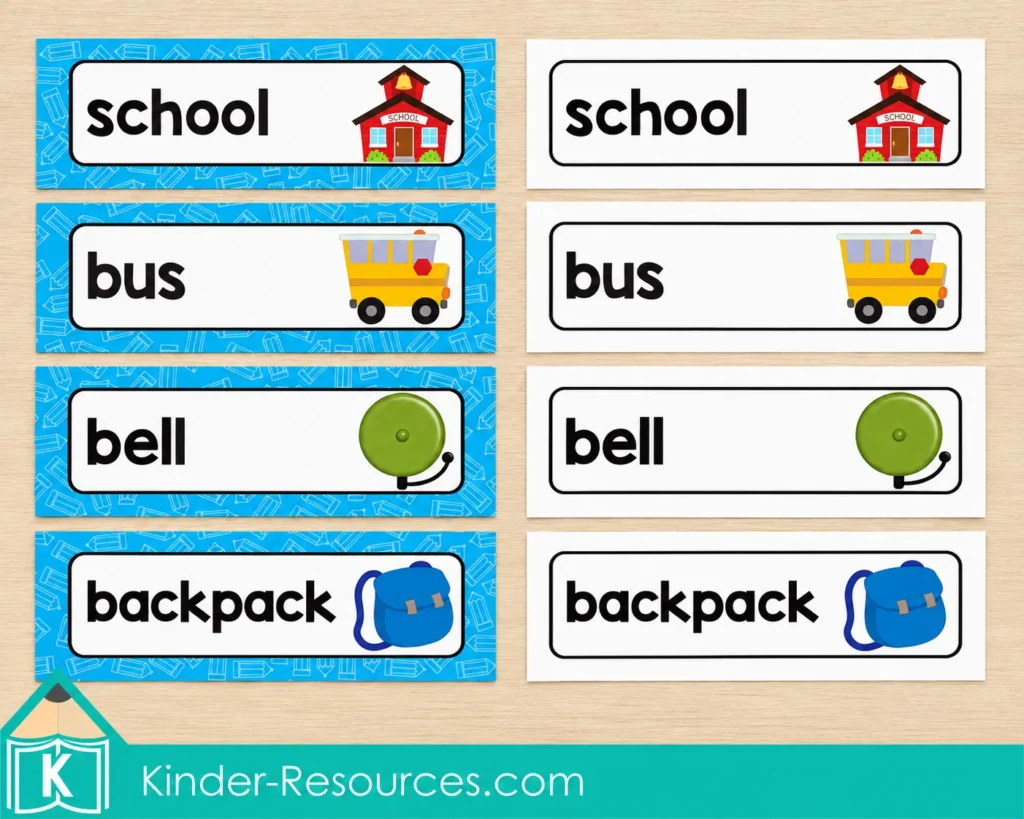Blue and white background options for the Free School Word Wall, showing school, bus, bell, and backpack cards.