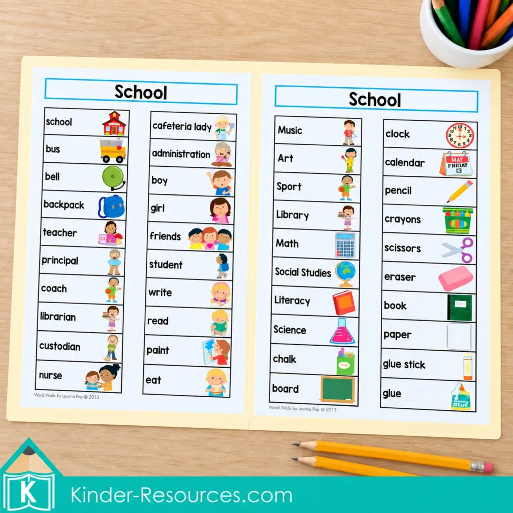 Open file folder with two illustrated school vocabulary lists for children to use while writing.