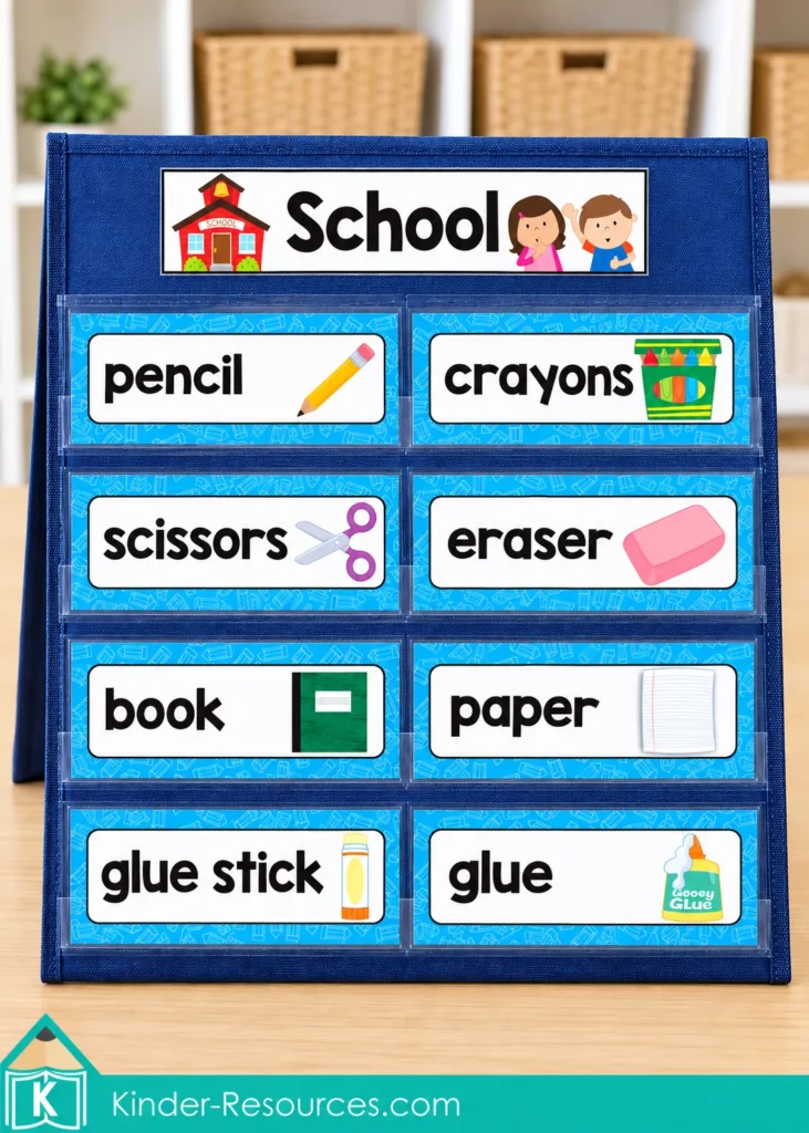 Tabletop pocket chart with a School header and eight picture word cards for classroom supplies.