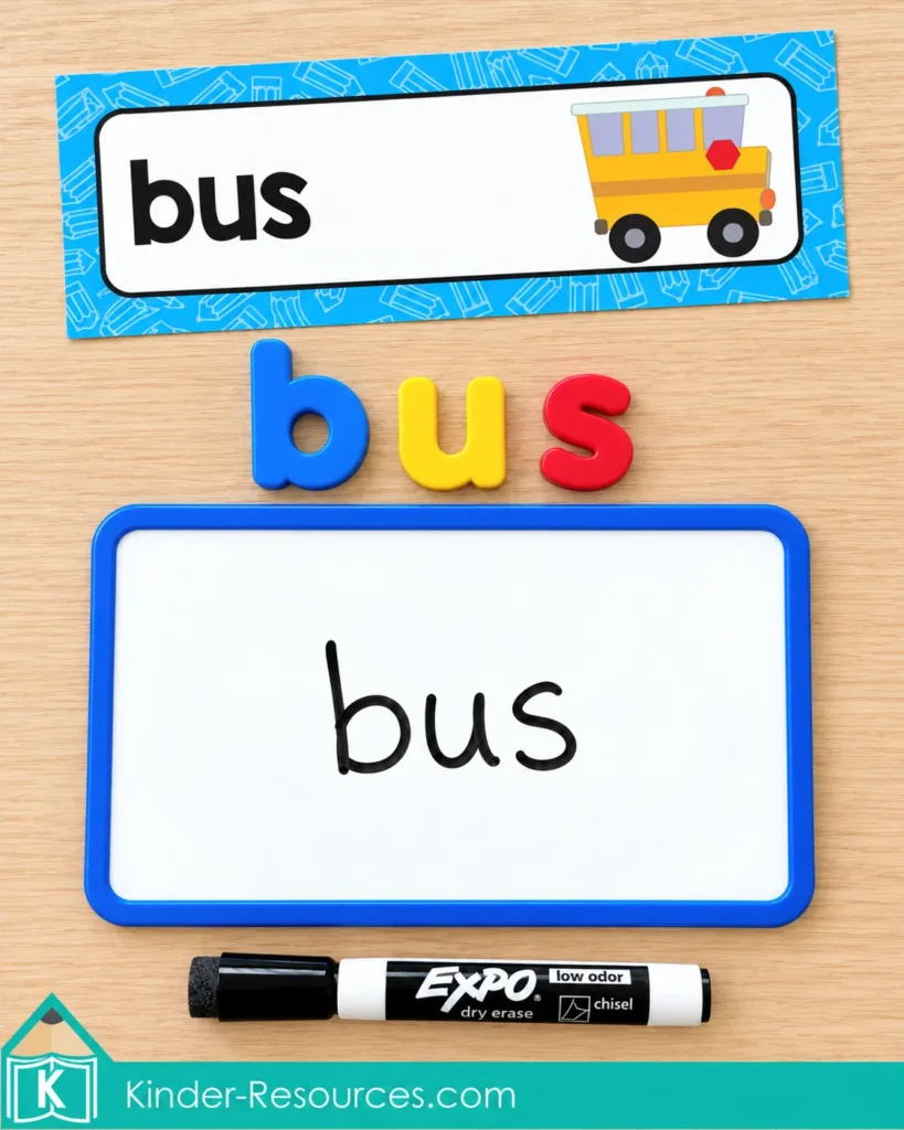 Bus word card with magnetic letters b, u, and s, a blue whiteboard showing bus, and an Expo marker.