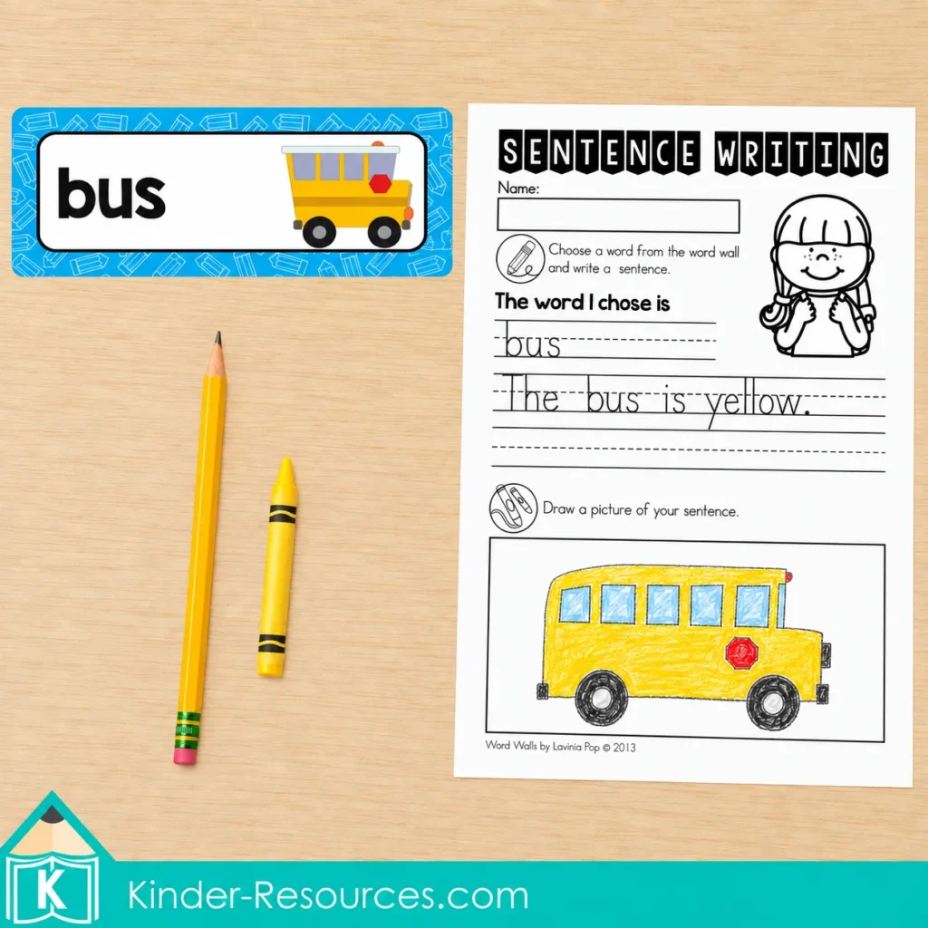 Sentence writing worksheet showing “The bus is yellow.” with a bus drawing, word card, pencil, and yellow crayon.