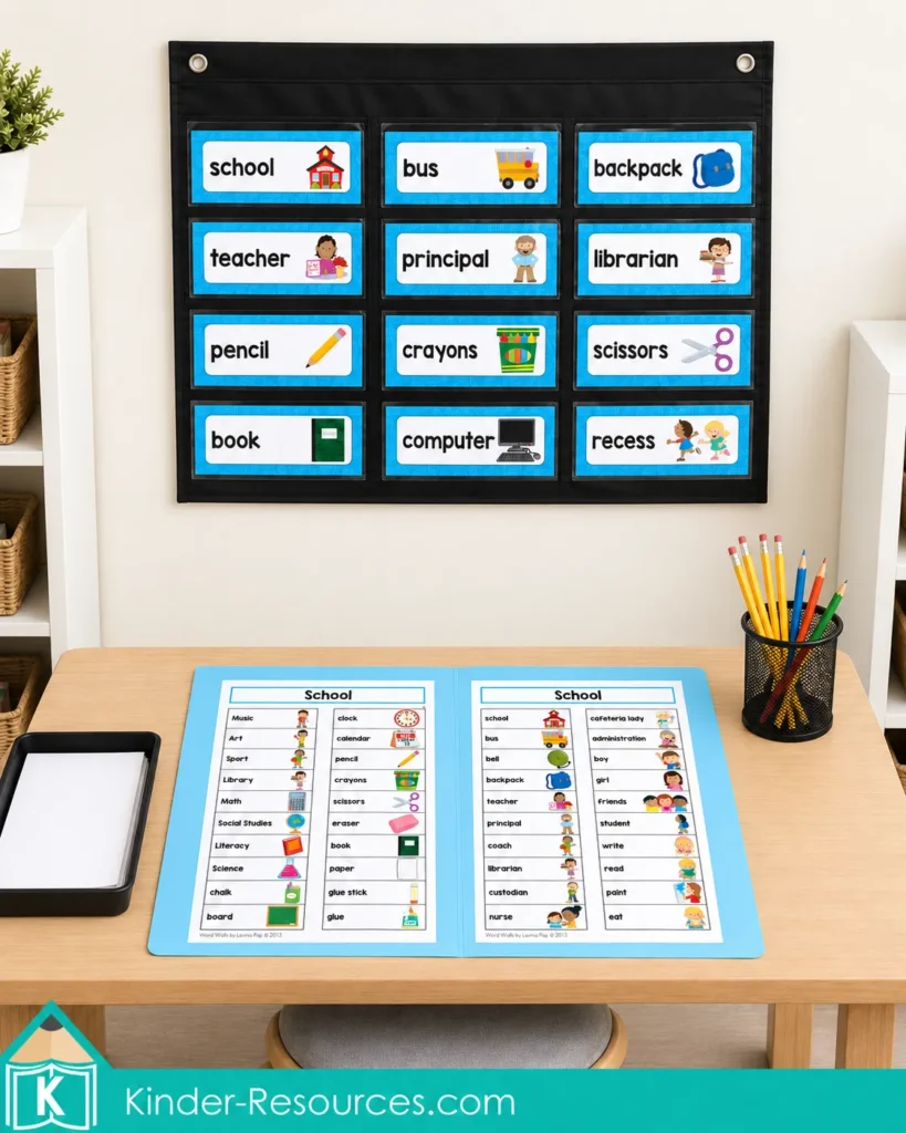 Free School Word Wall in a writing center with a pocket chart, open word folder, paper tray, and pencils.