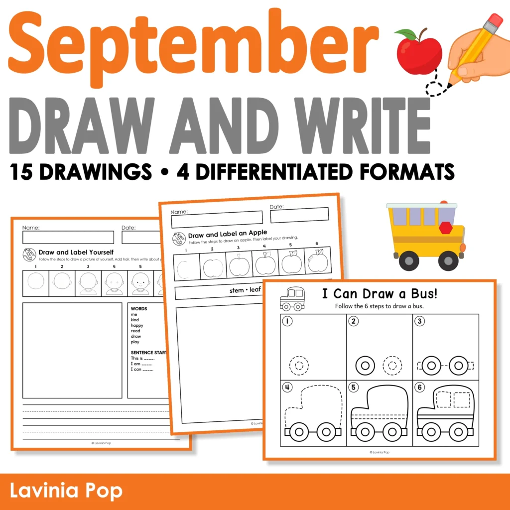 September Directed Drawing and Writing packet with 15 drawings and four differentiated formats, featuring bus, apple, and self portrait activities for kindergarten and first grade.