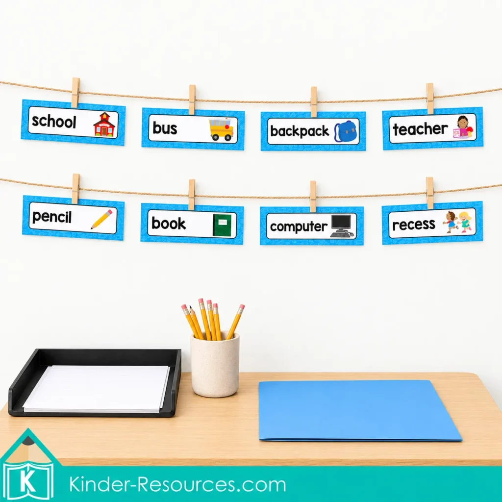 School vocabulary cards clipped to two strings above a writing table with paper, pencils, and a blue folder.