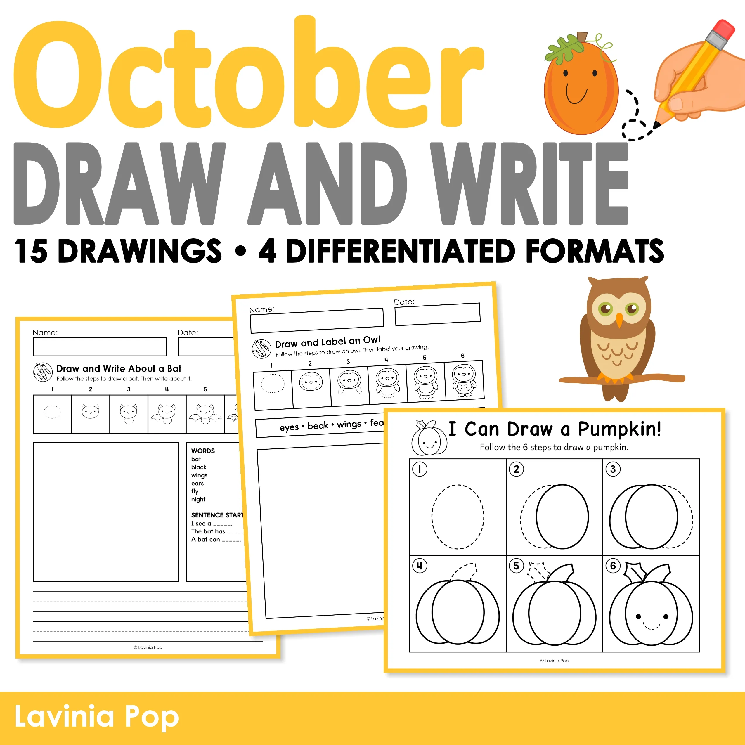 October Directed Drawing and Writing cover featuring bat, owl, and pumpkin activities, with 15 drawings and four differentiated formats.