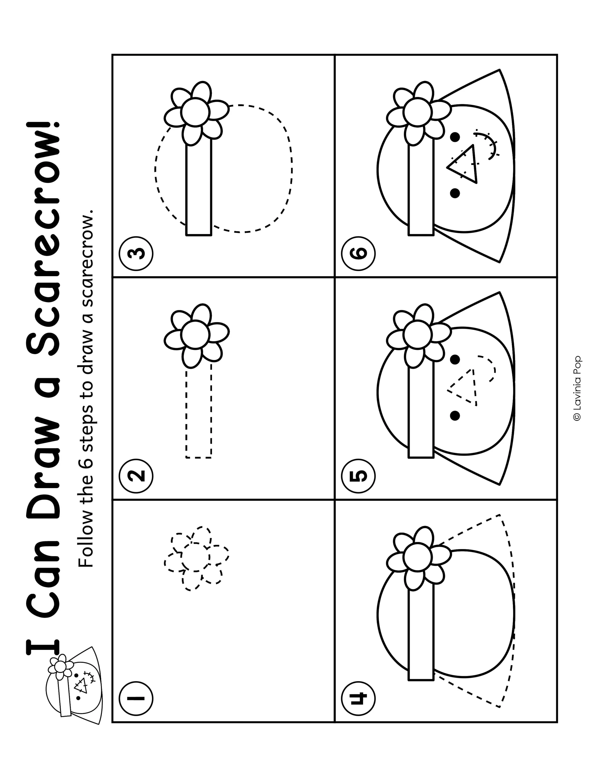 Six-step scarecrow drawing guide for kindergarten and first grade, with dashed lines showing each new part to draw.