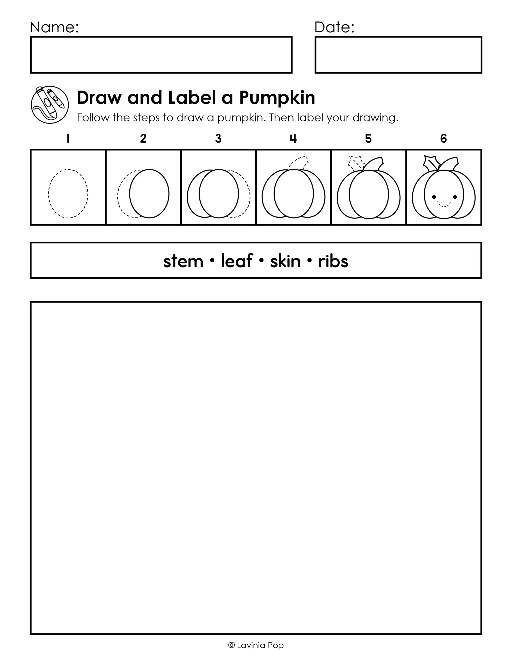 Pumpkin draw and label worksheet with six drawing steps, a blank drawing box, and the labeling words stem, leaf, skin, and ribs.