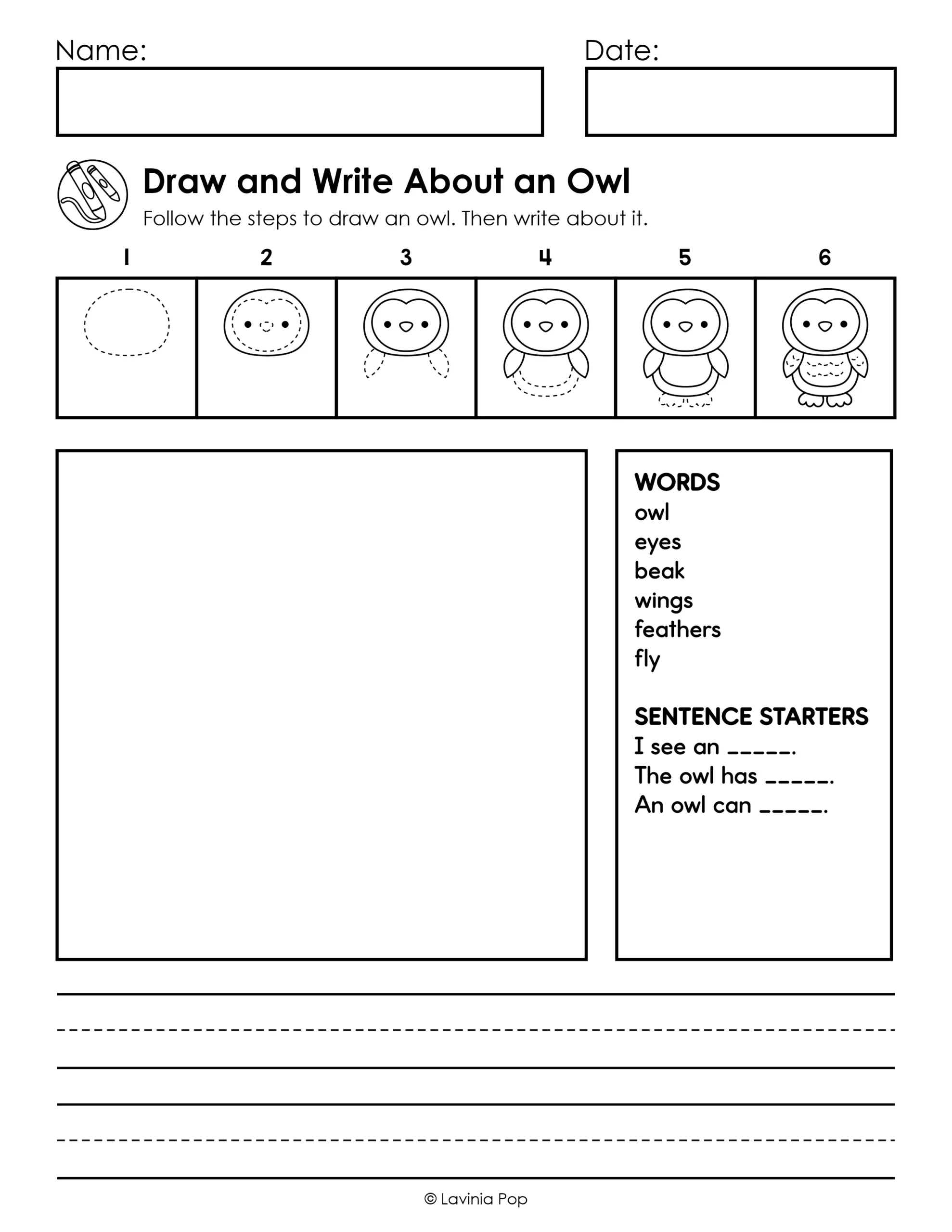 Owl drawing and writing worksheet with six drawing steps, a word bank, three sentence starters, drawing space, and primary writing lines.