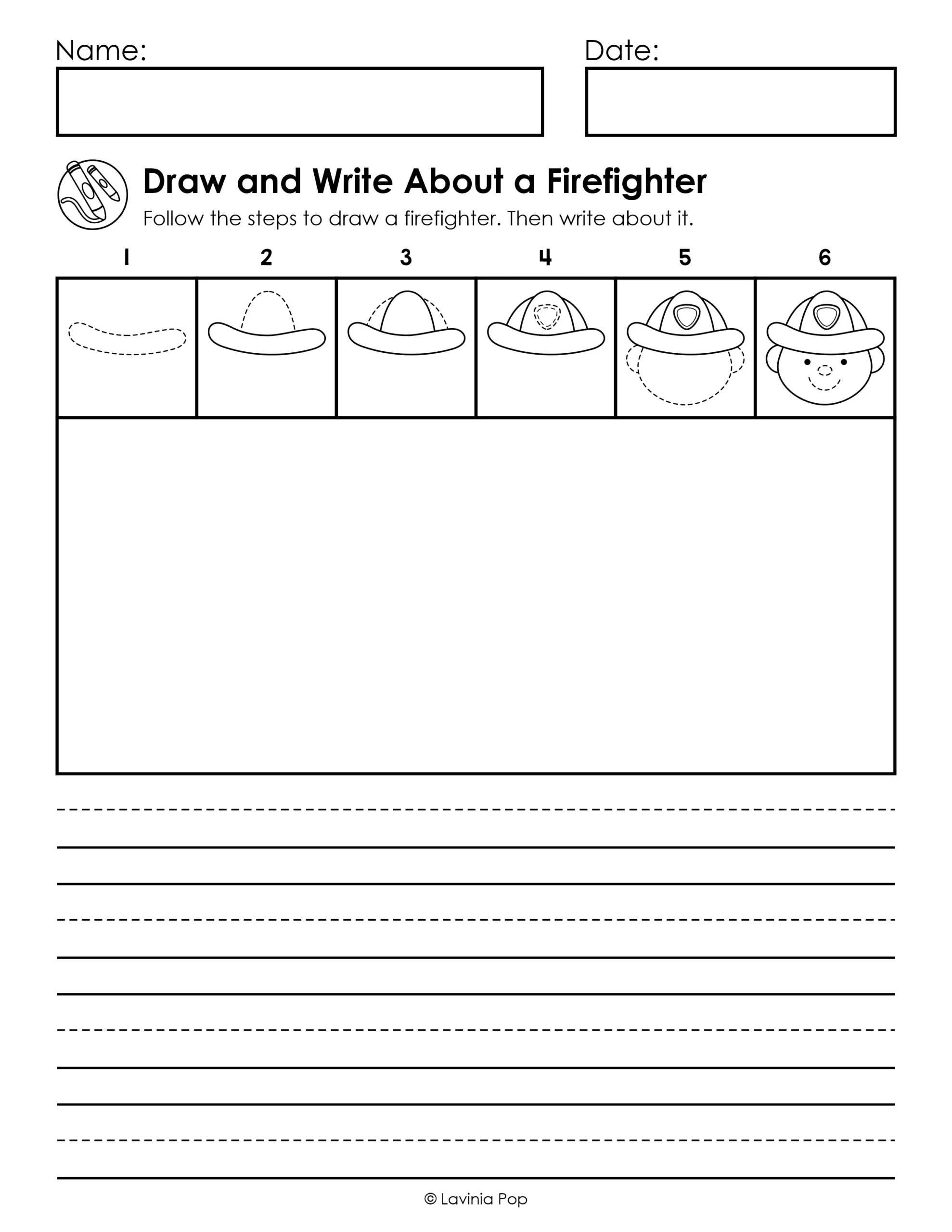 Firefighter draw and write worksheet with six drawing steps, a large drawing box, and primary writing lines for independent sentences.