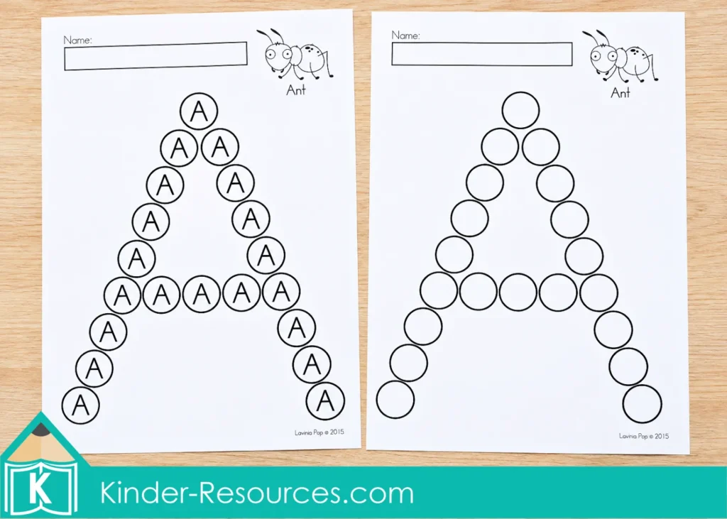 Two uppercase A worksheets for alphabet dot marker activities, one with As inside the circles and one with empty circles.