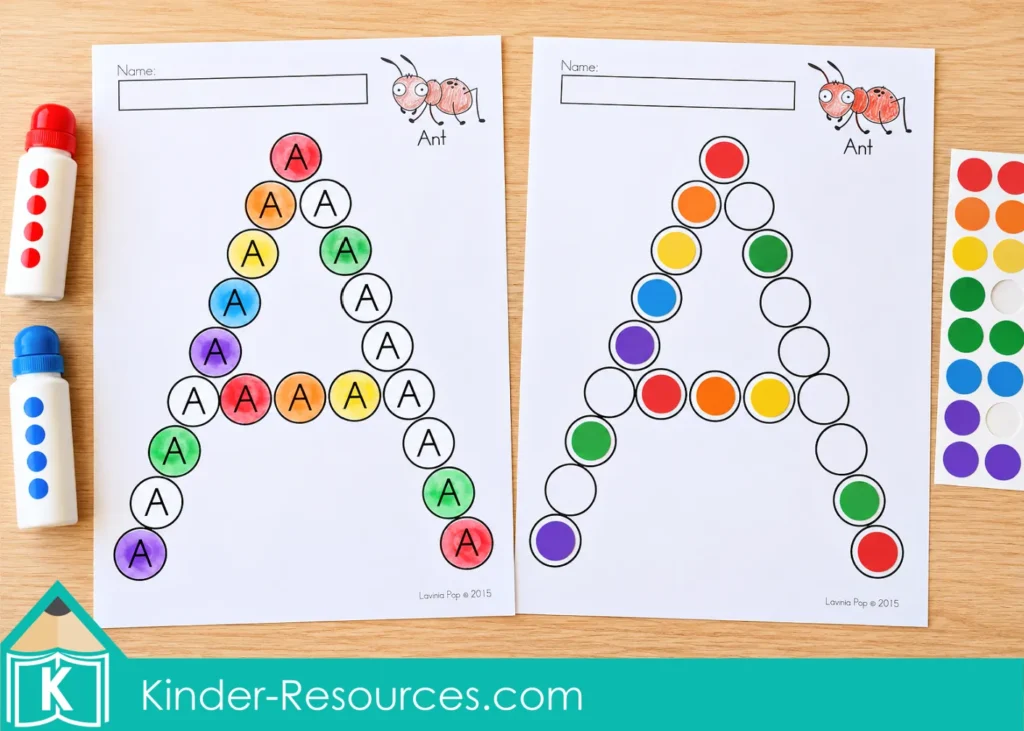 Uppercase A worksheets with rainbow dot marker ink over printed As and colorful round stickers on the empty circle version.