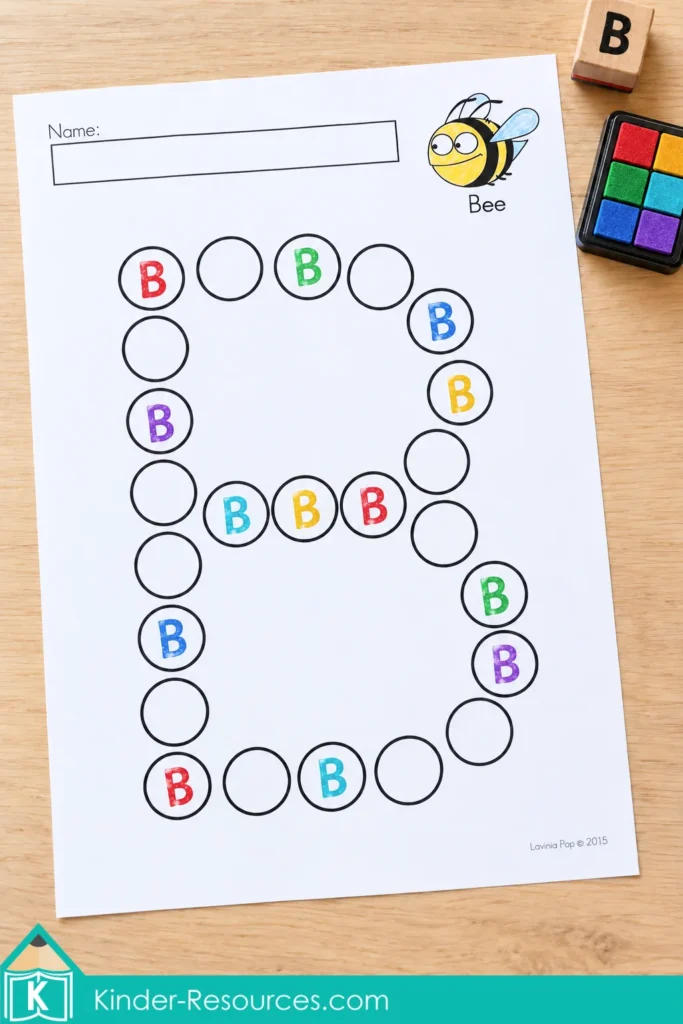 Uppercase B dot marker page with colorful stamped Bs inside the circles, a wooden letter stamp, and a rainbow ink pad.