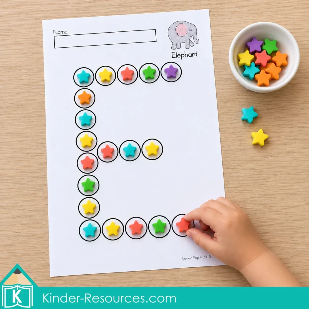 Uppercase E dot marker page with colorful star erasers and a child’s hand placing a red star inside a circl