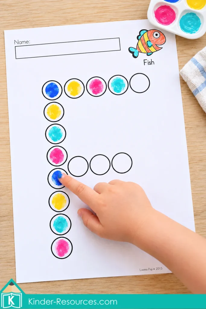 Letter F alphabet dot marker activity with colorful fingerprints and a child’s finger pressing blue paint inside a circle.