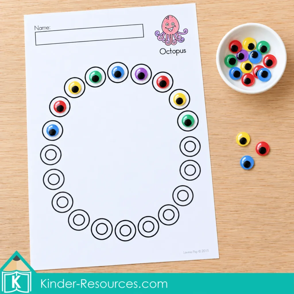 Uppercase O dot marker page with colorful googly eyes placed inside the circles and a pink octopus illustration.