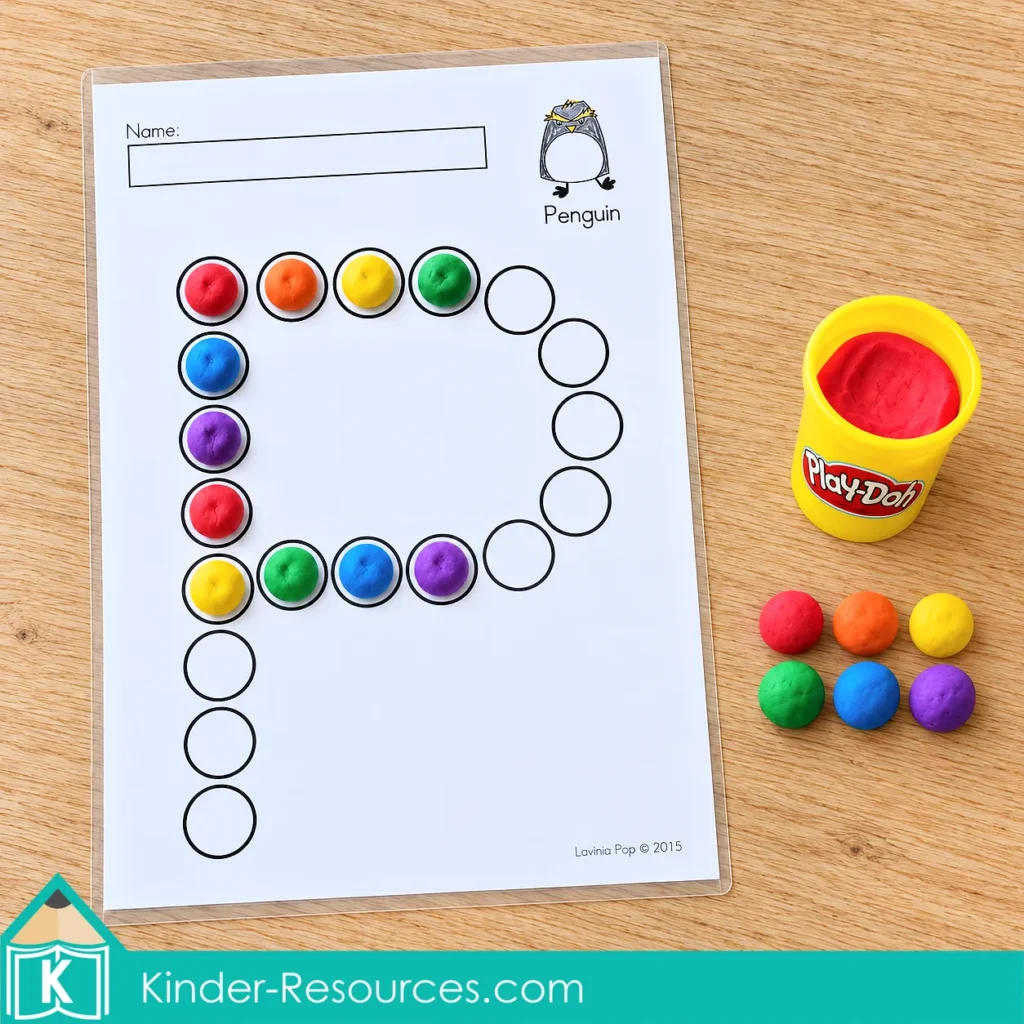 Laminated uppercase P dot marker page with rainbow play dough pressed into the circles and a yellow dough tub nearby.