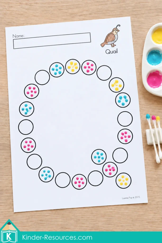 Uppercase Q dot marker page with turquoise, pink, and yellow cotton swab paint dots inside the circles and a colored quail illustration.
