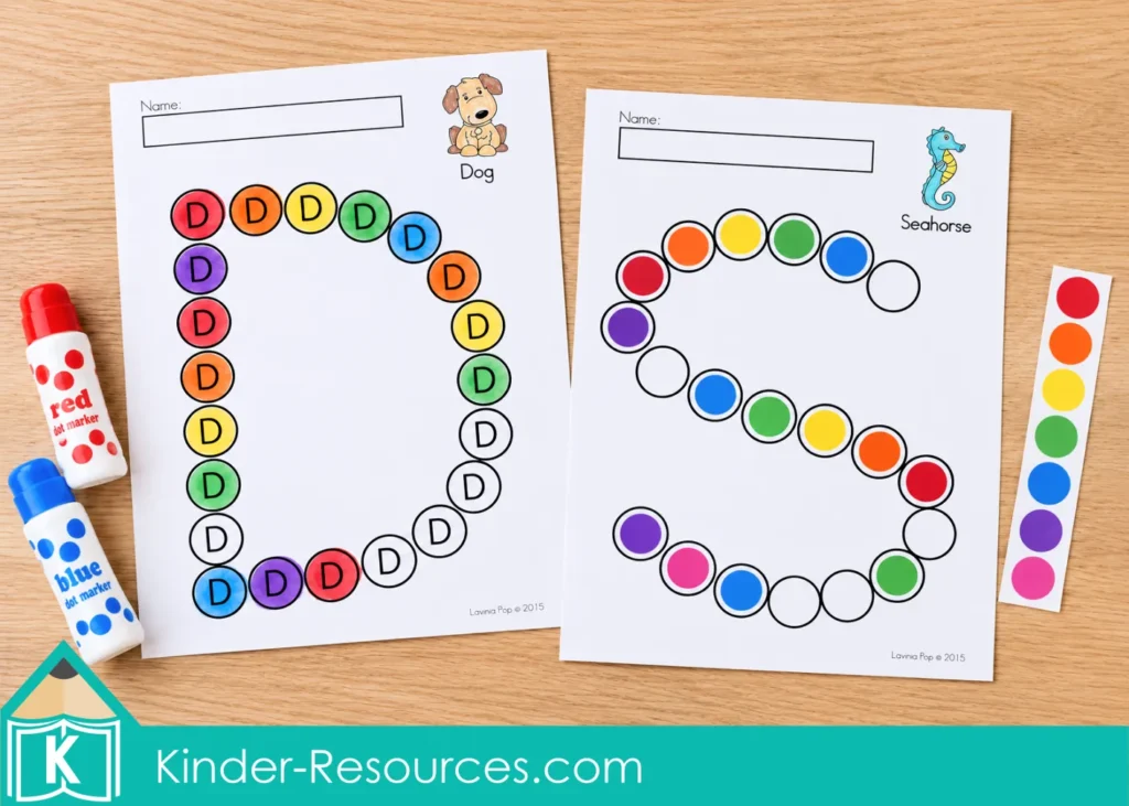 Alphabet dot marker activities showing uppercase D filled with rainbow ink and uppercase S covered with round stickers.