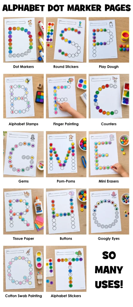 Collage of 14 alphabet dot marker activities with uppercase letters decorated using stickers, play dough, paint, stamps, counters, pom poms, and other materials.