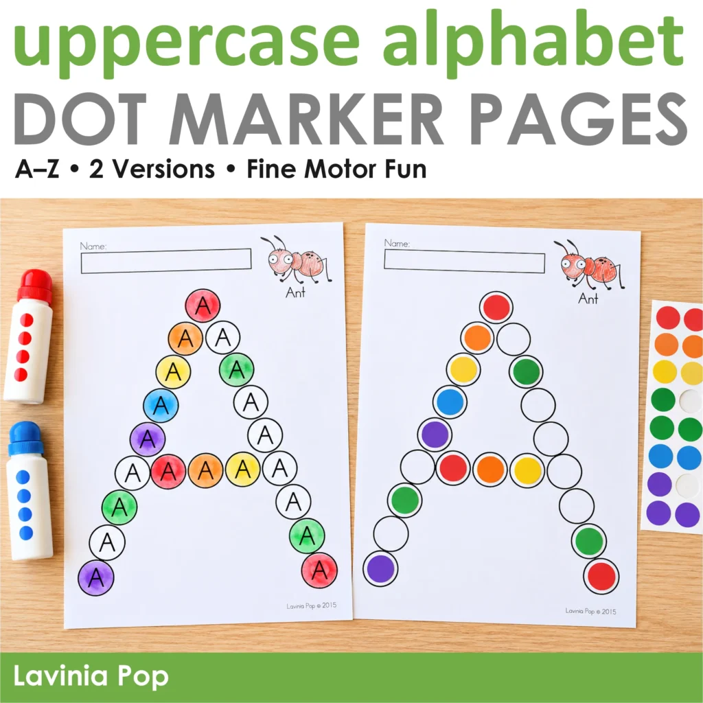 Alphabet Dot Marker Pages cover showing two uppercase A worksheets with rainbow dot marker ink and stickers, with two versions for A to Z.