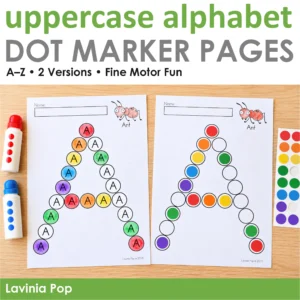 Alphabet Dot Marker Pages cover showing two uppercase A worksheets with rainbow dot marker ink and stickers, with two versions for A to Z.