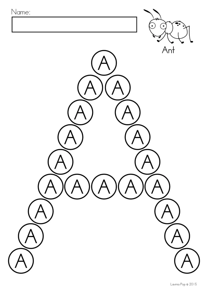 Uppercase A dot marker worksheet with small As inside the circles, an ant illustration to color, and a name box.