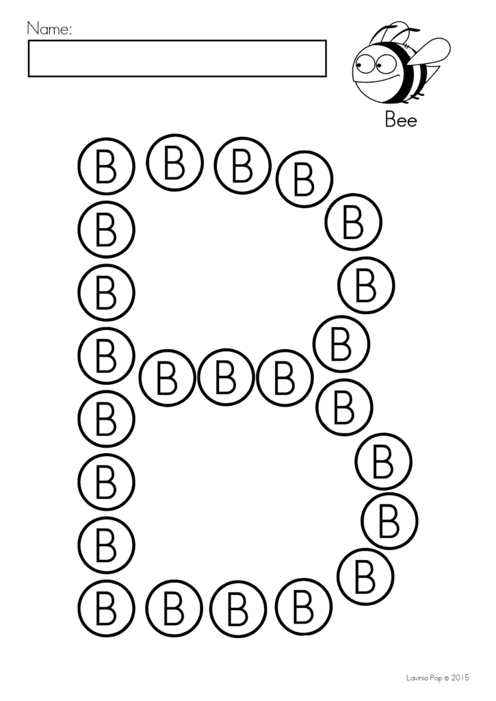 Uppercase B dot marker worksheet with small Bs inside the circles, a bee illustration to color, and a name box.