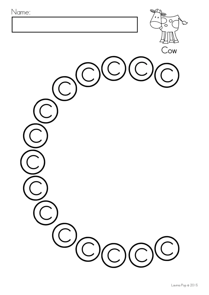 Uppercase C dot marker worksheet with small Cs inside the circles, a cow illustration to color, and a name box.