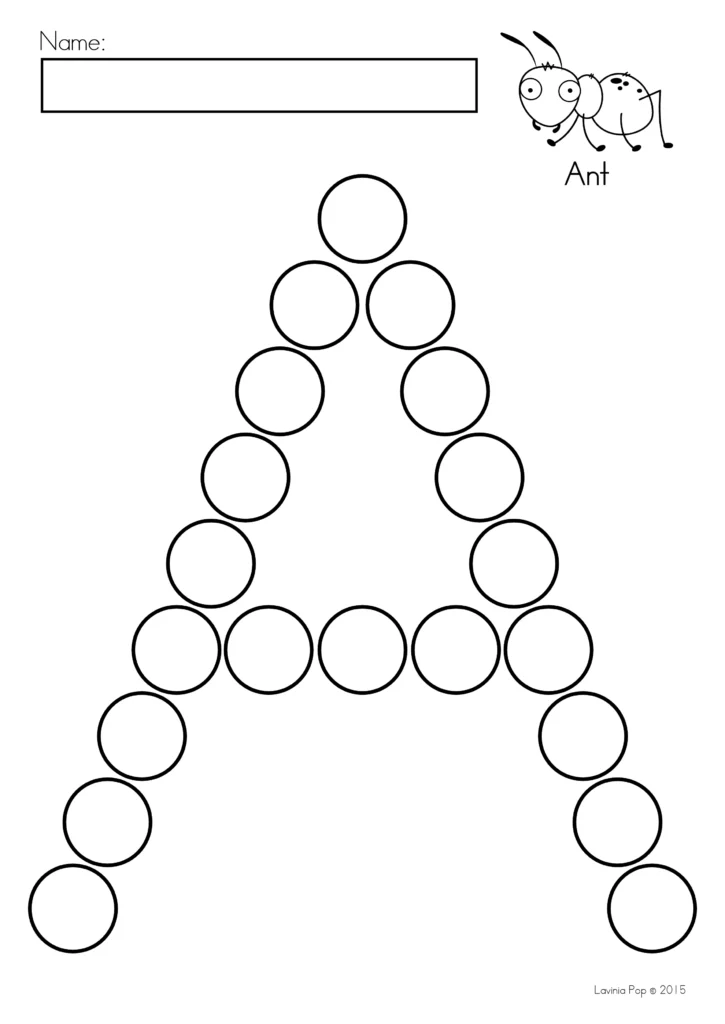 Printable uppercase A formed from empty circles, with an ant illustration and a name box for alphabet dot marker activities.
