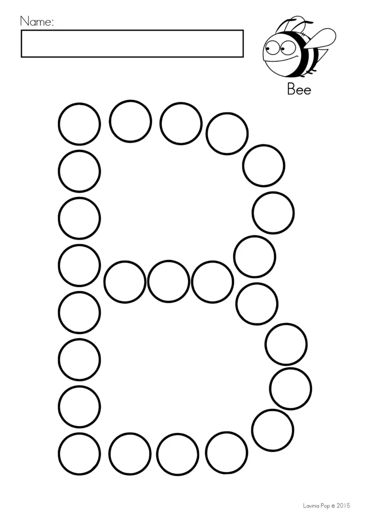 Printable uppercase B formed from empty circles, with a bee illustration and a name box for alphabet dot marker activities.