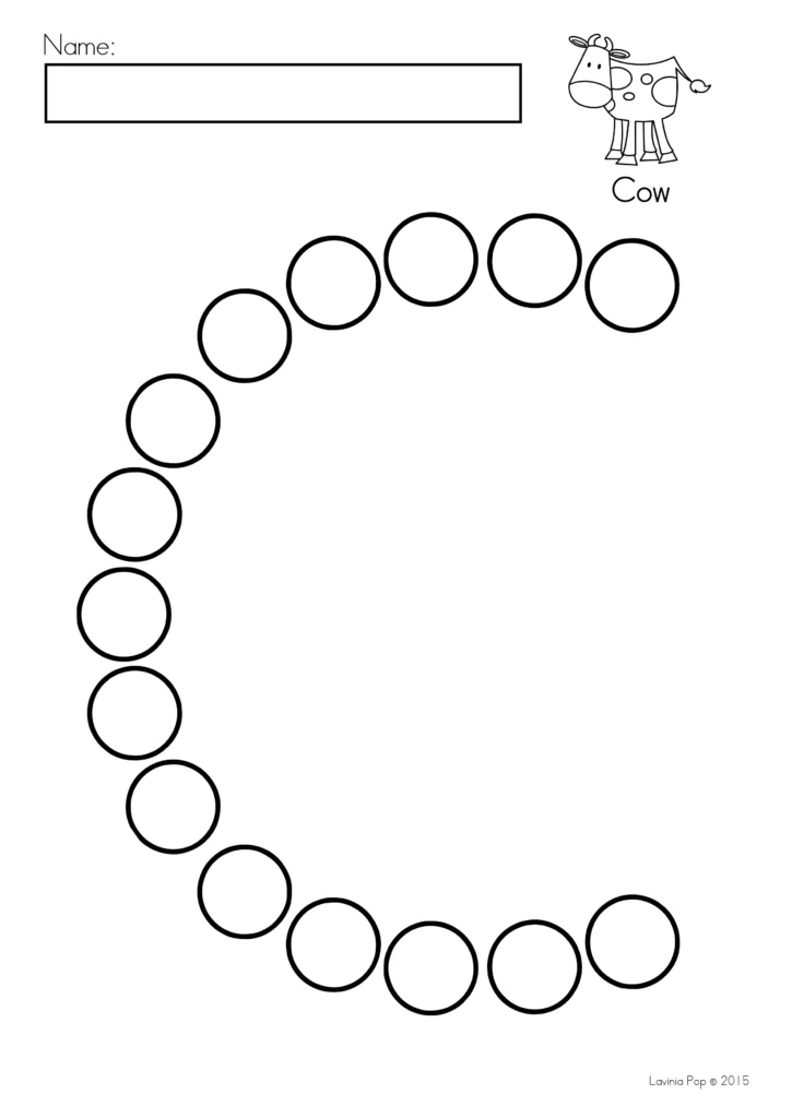 Printable uppercase C formed from empty circles, with a cow illustration and a name box for alphabet dot marker activities.