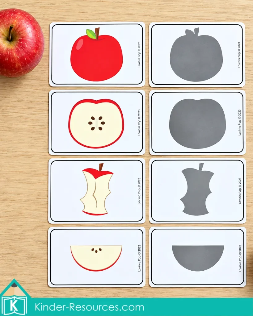 Apple centers for preschool with matching picture and shadow cards showing a whole apple, apple half, core, and slice.