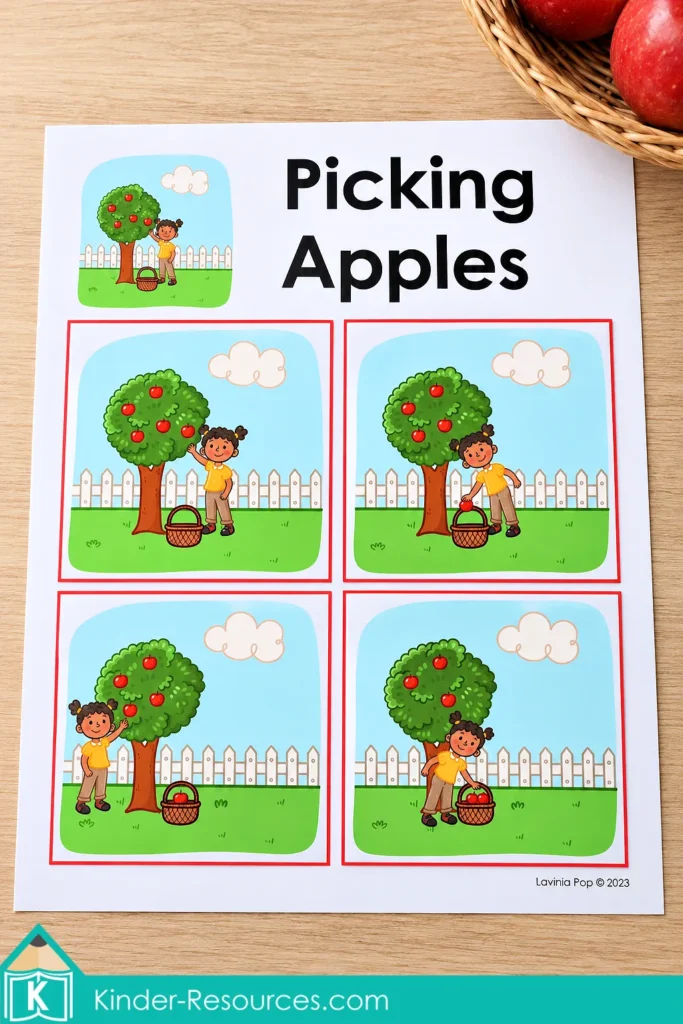 Apple centers for preschool with four picture cards arranged on a Picking Apples mat to show a girl collecting apples.