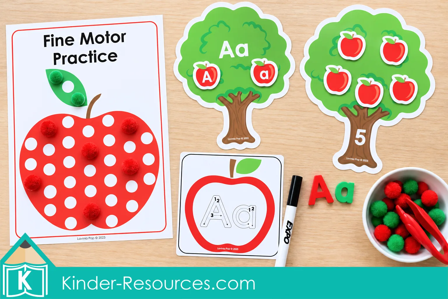 Apple centers for preschool featuring a pom pom mat, Aa letter matching tree, number 5 counting tree, and alphabet tracing card.