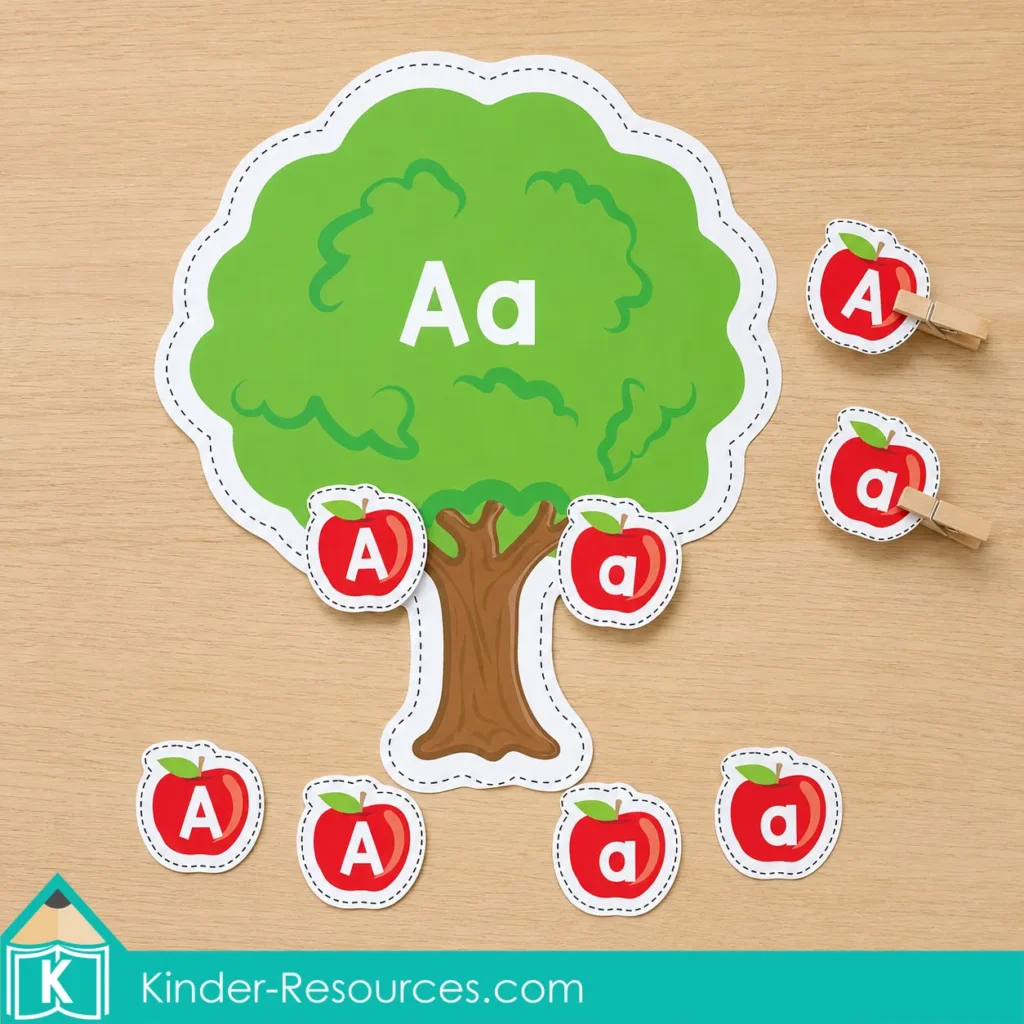 Apple centers for preschool with an Aa tree, uppercase and lowercase A apple pieces, and wooden clothespins for letter matching.