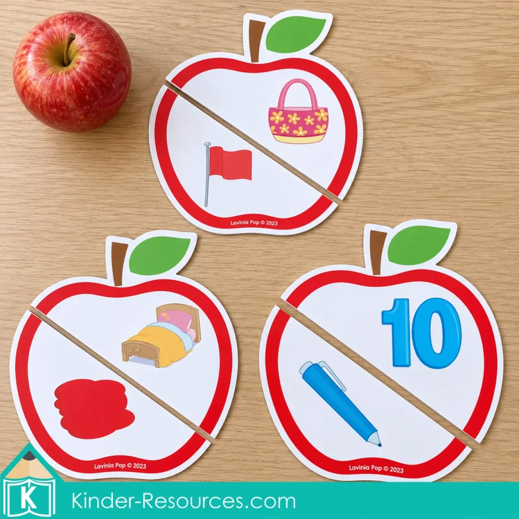 Apple centers for preschool with apple puzzles pairing bag and flag, bed and red, and pen and ten pictures.