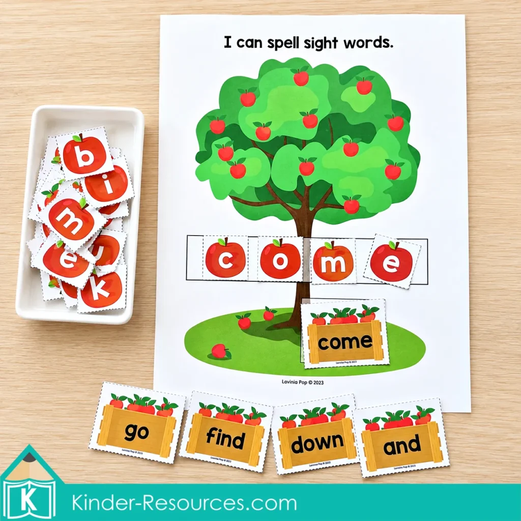 Apple centers for preschool with paper apple letters spelling come on a tree mat, a matching word card, and spare letter tiles.