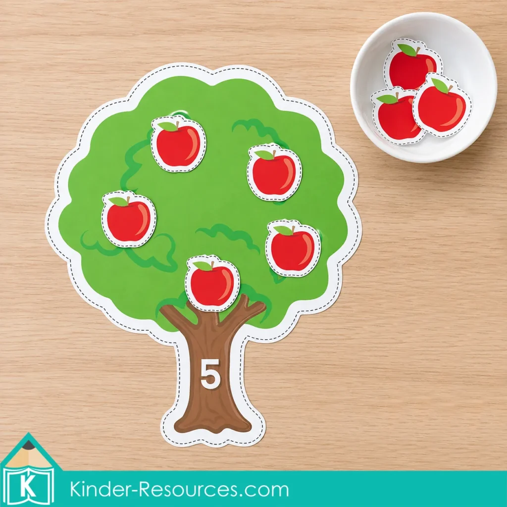 Apple centers for preschool with a tree labeled 5, five red apple pieces on its branches, and extra apples in a white dish.