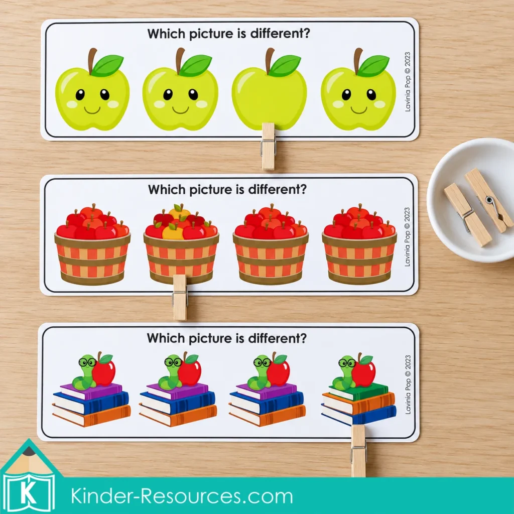 Apple centers for preschool with three picture comparison cards and clothespins marking differences in apples, baskets, and books.