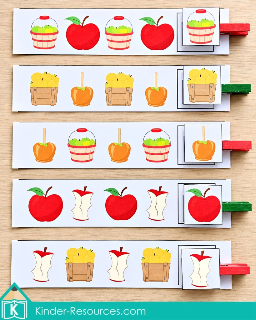Apple centers for preschool with five AB pattern strips showing apples, baskets, crates, and cores, completed with clipped picture answers.