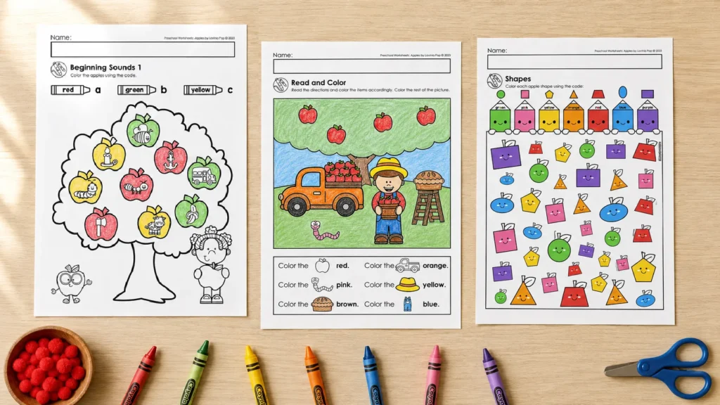 Fall Learning Activities Apple preschool worksheets featuring visual discrimination, read and color, and counting graph activities with crayons and scissors.