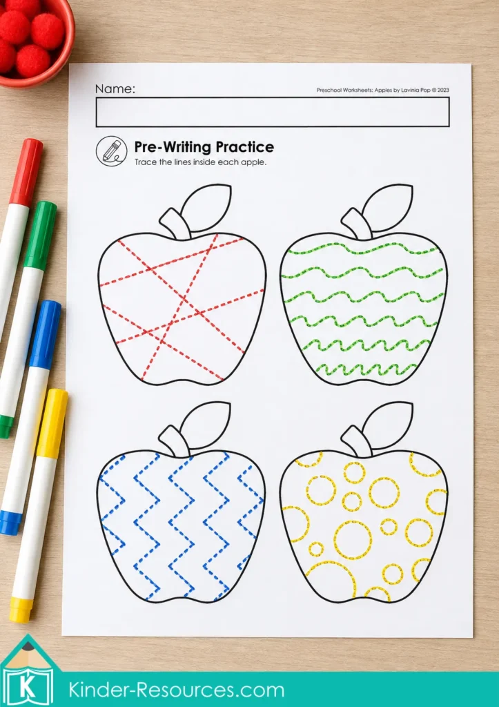 Apple pre-writing worksheet with straight, curved, wavy, and zigzag tracing lines inside apples.