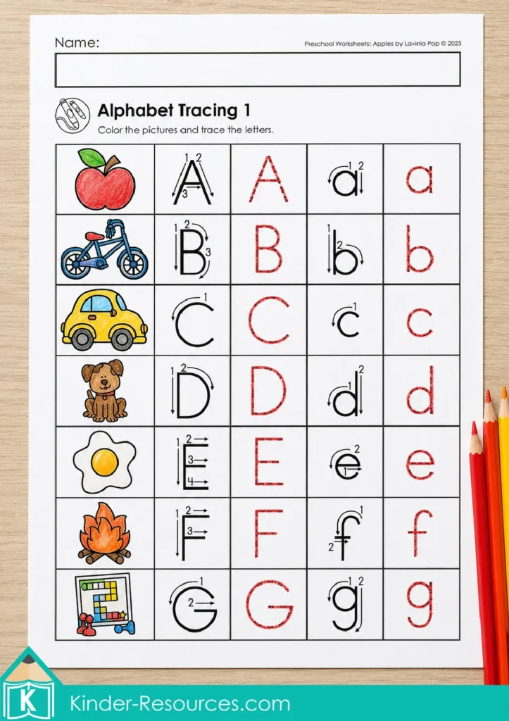 Apple alphabet tracing worksheet with uppercase and lowercase letters and colorful picture cues.