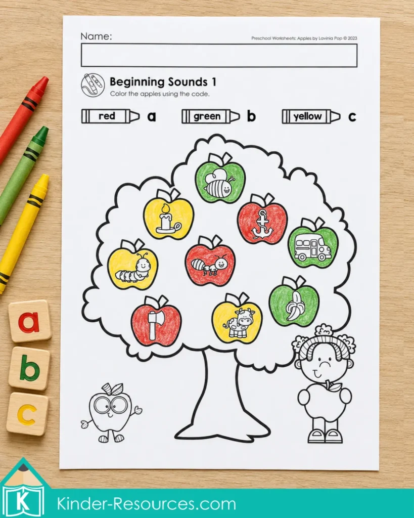 Apple beginning-sounds worksheet with picture clues and color-coded apples on an apple tree.