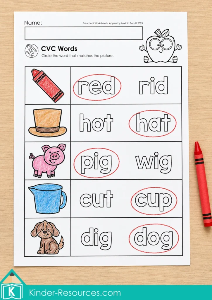 Apple CVC words worksheet with colorful pictures and simple three-letter word choices.