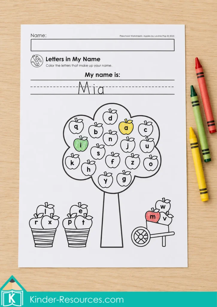 Apple name worksheet for identifying the letters in a child’s name with an apple tree and letter apples.