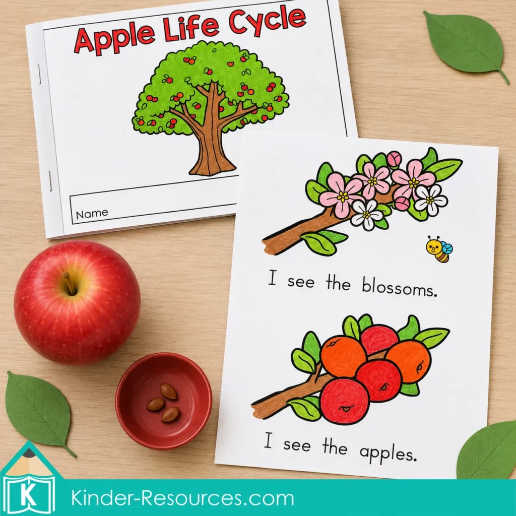 Apple life cycle reader with seed, blossom, and apple illustrations displayed beside a fresh apple.